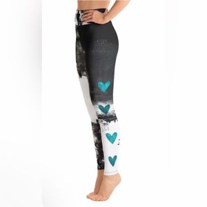 Debbie Dannheisser Black & White w/ Turquoise Hearts High Waist Leggings, Size L